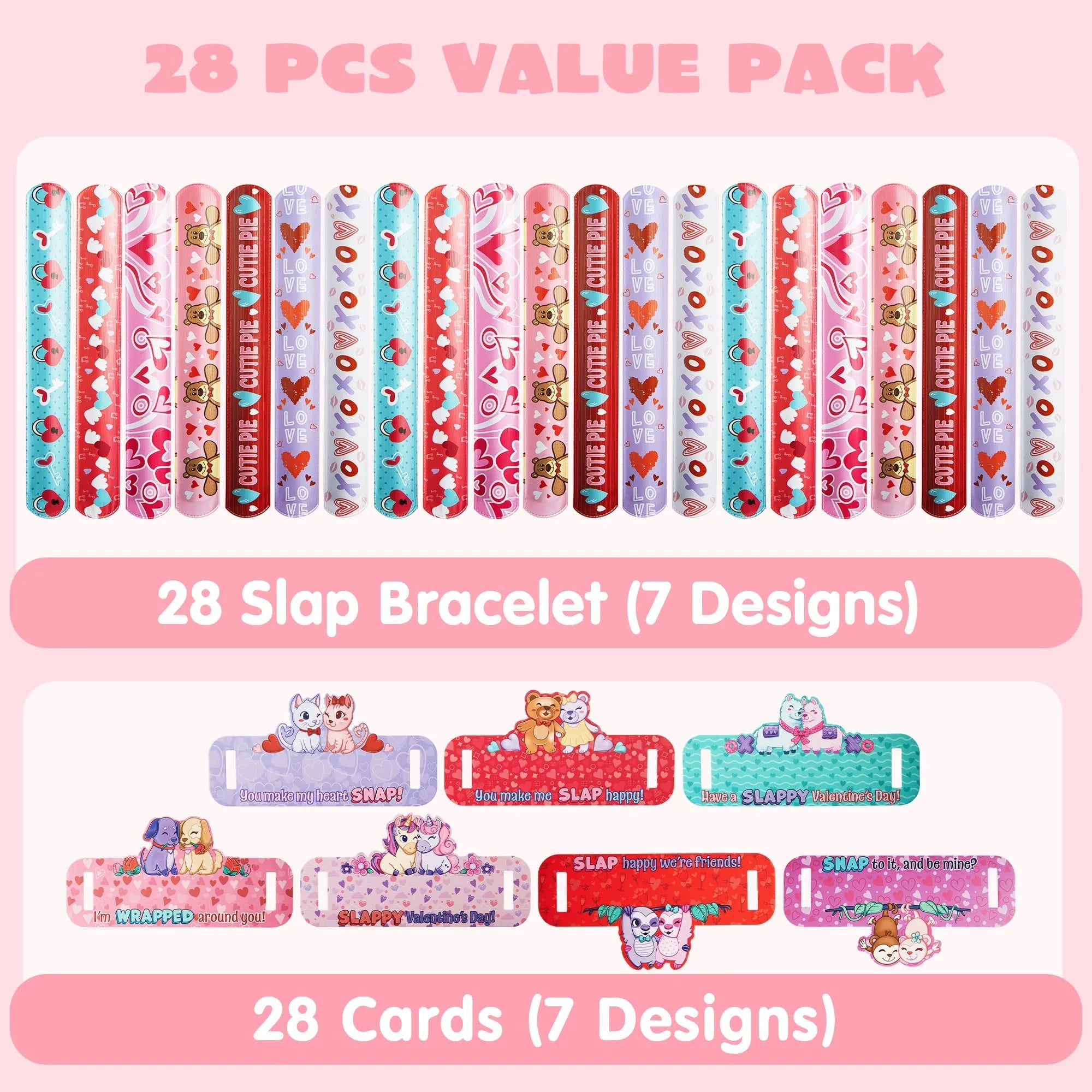 28Pcs Kids Valentine's Cards with Slap Bracelet - Classroom Exchange Gifts