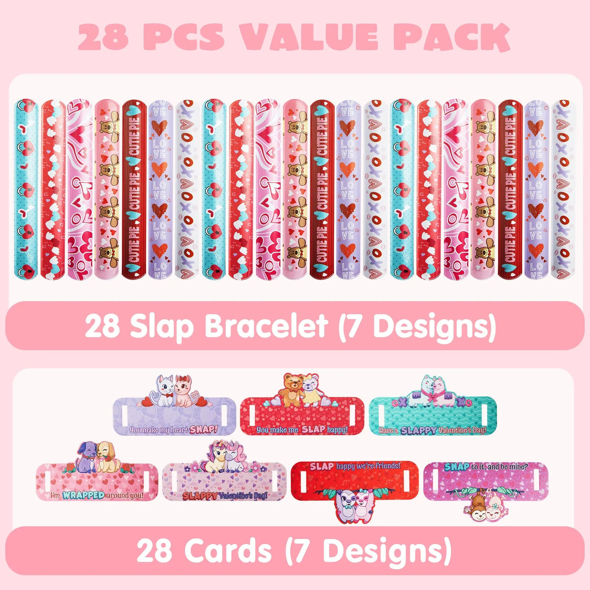 28Pcs Kids Valentine's Cards with Slap Bracelet - Classroom Exchange Gifts