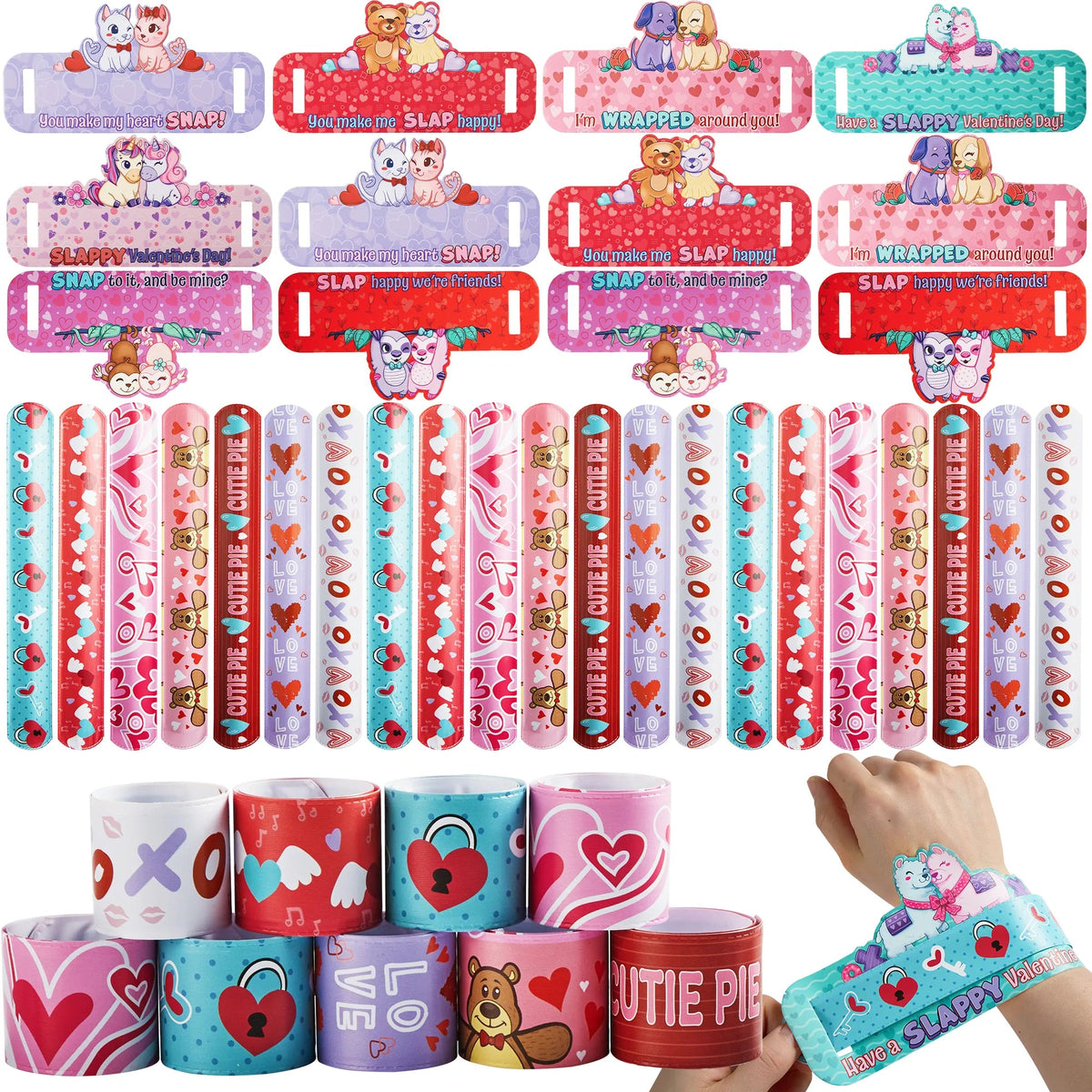 28Pcs Kids Valentine's Cards with Slap Bracelet - Classroom Exchange Gifts