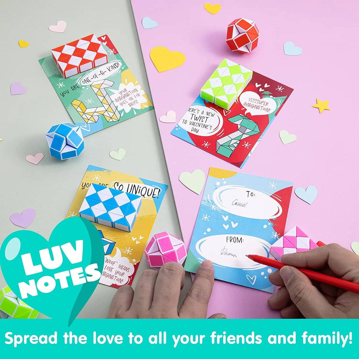 28-Piece Kids Valentine's Cards with Snake Cube Twist Puzzles - Classroom Exchange Gifts