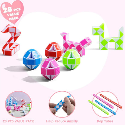 28-Piece Kids Valentine's Cards with Snake Cube Twist Puzzles - Classroom Exchange Gifts