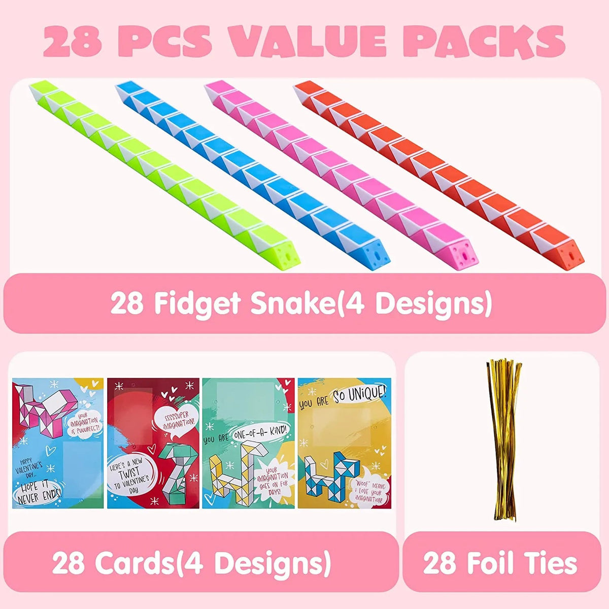 28-Piece Kids Valentine's Cards with Snake Cube Twist Puzzles - Classroom Exchange Gifts