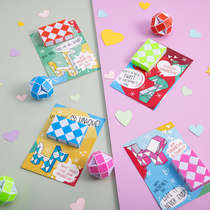 28-Piece Kids Valentine's Cards with Snake Cube Twist Puzzles - Classroom Exchange Gifts