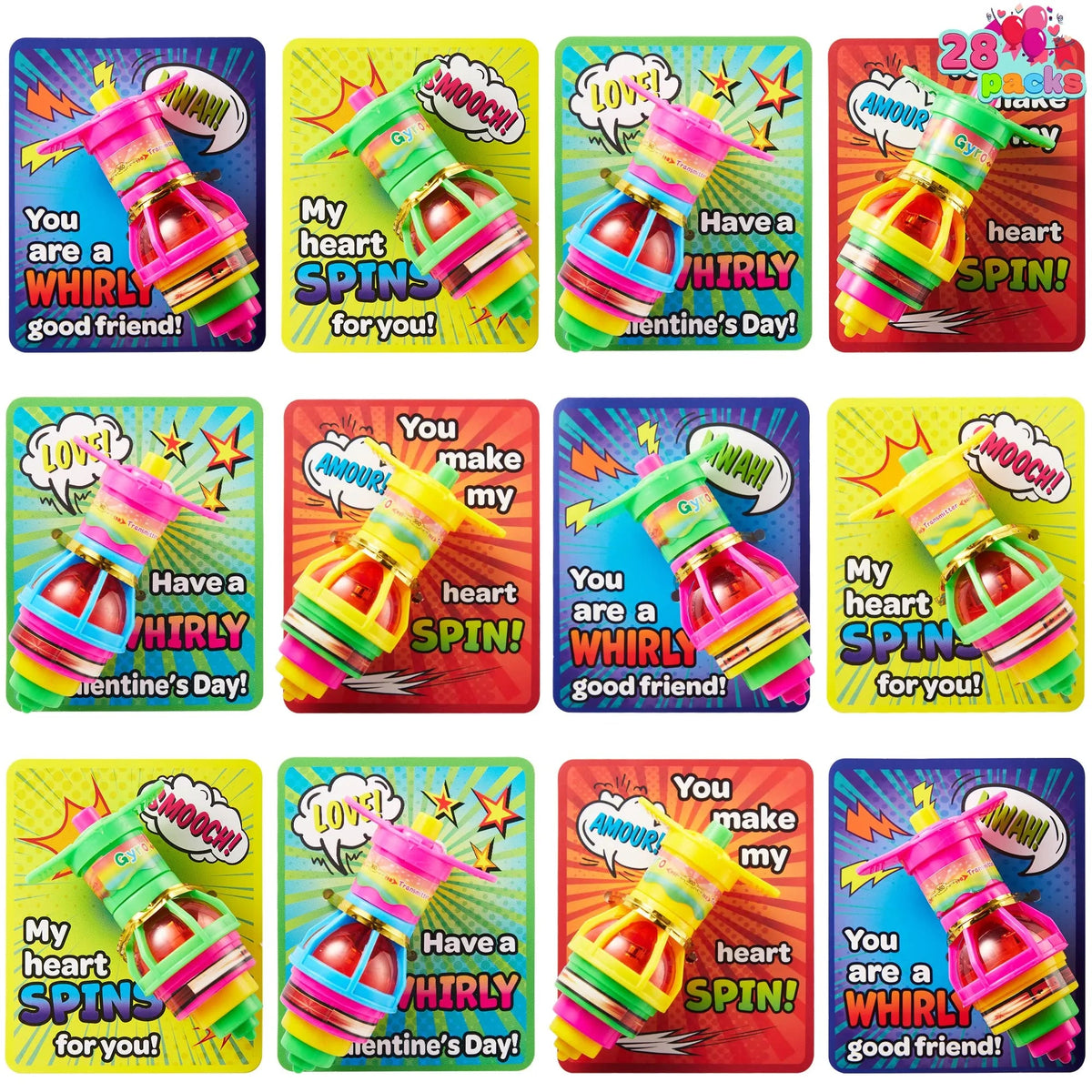 28 Light-Up Spinning Tops with Valentine's Exchange Cards for Kids