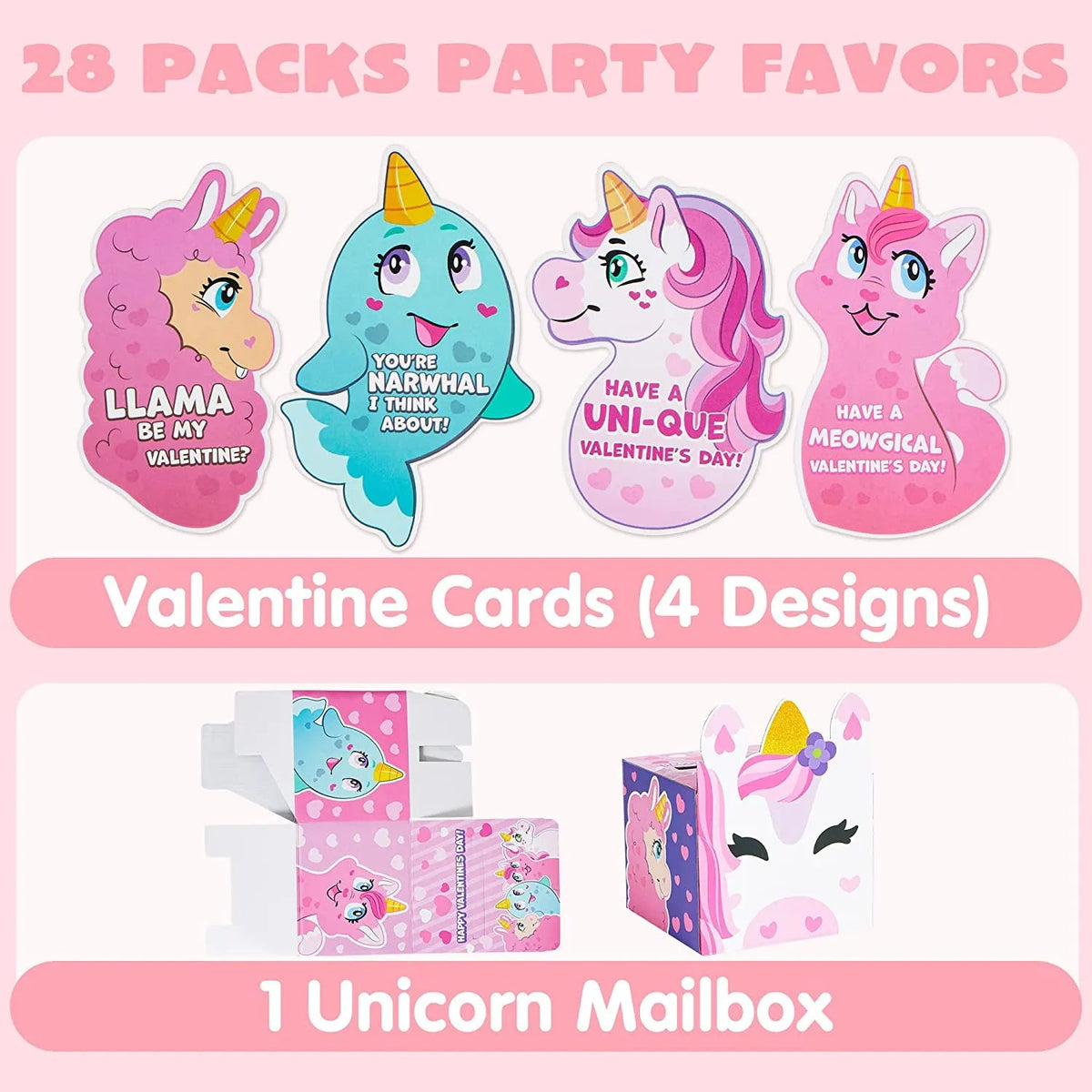 28-Pack Unicorn Valentine's Day Cards with Mailbox for Kids Classroom Exchange