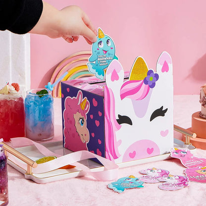 28-Pack Unicorn Valentine's Day Cards with Mailbox for Kids Classroom Exchange