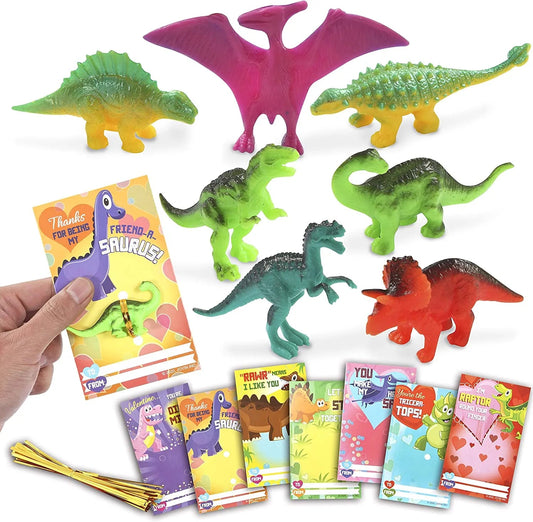 28 Pcs Kids Valentine's Day Cards with Dinosaur Figure Toys - Classroom Exchange Gifts