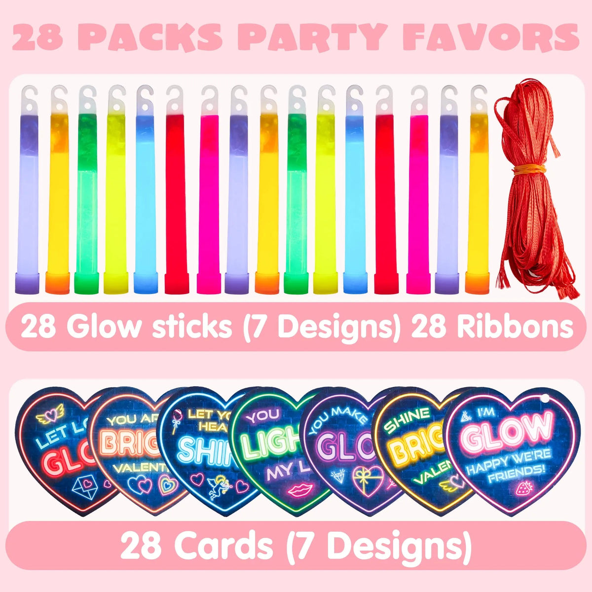 28Pcs Kids Valentine's Day Cards with Ultra Bright Large Glow Sticks - Classroom Exchange Gifts