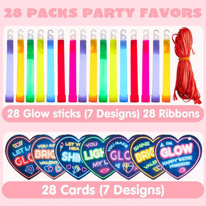28Pcs Kids Valentine's Day Cards with Ultra Bright Large Glow Sticks - Classroom Exchange Gifts