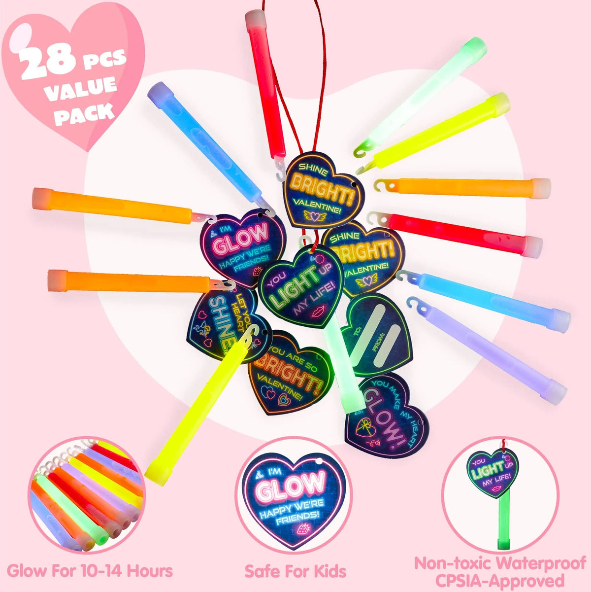 28Pcs Kids Valentine's Day Cards with Ultra Bright Large Glow Sticks - Classroom Exchange Gifts
