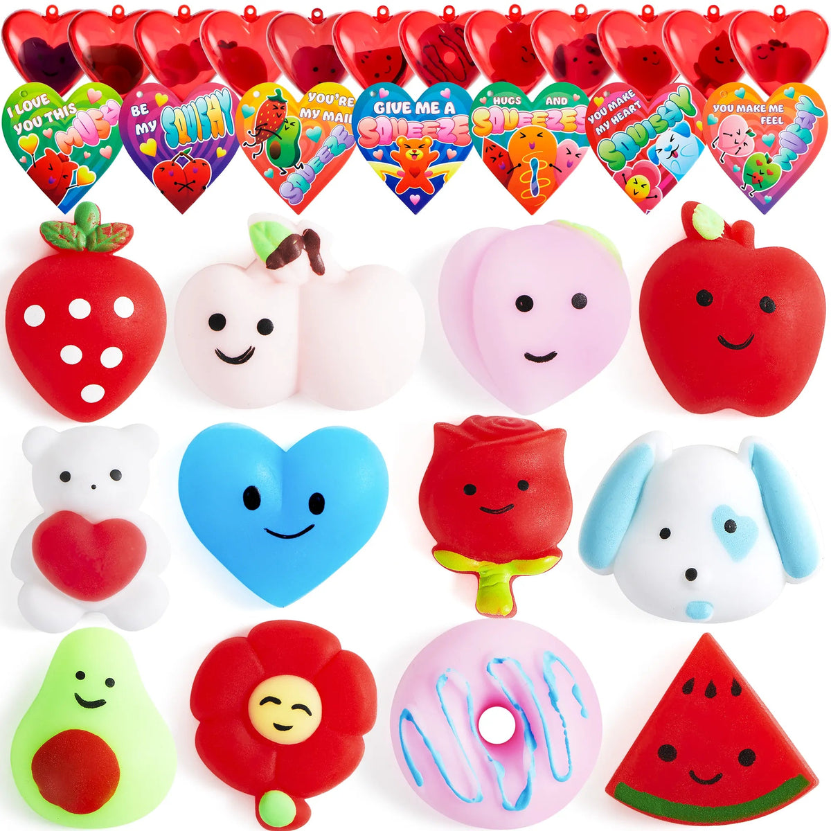 28 Hearts Filled Mochi Squishy Toys with Kids Valentine's Cards for Classroom Exchange