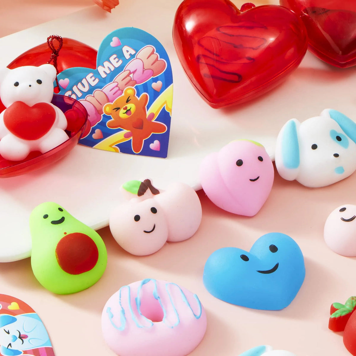 28 Hearts Filled Mochi Squishy Toys with Kids Valentine's Cards for Classroom Exchange