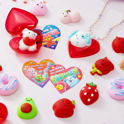 28 Hearts Filled Mochi Squishy Toys with Kids Valentine's Cards for Classroom Exchange