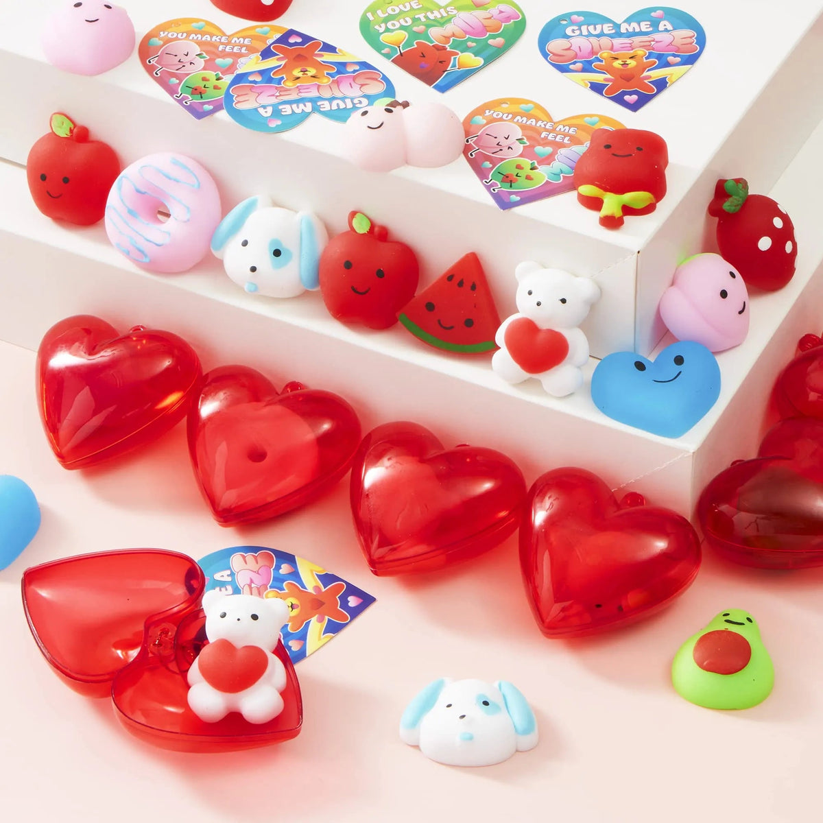 28 Hearts Filled Mochi Squishy Toys with Kids Valentine's Cards for Classroom Exchange
