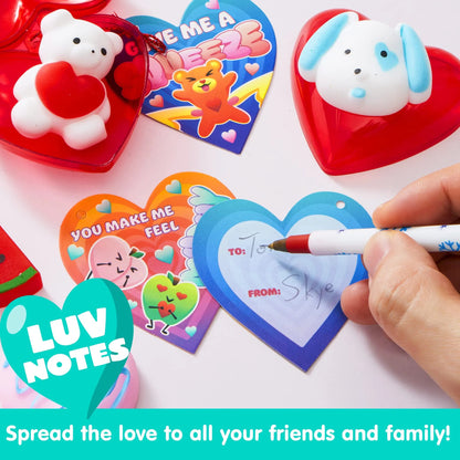 28 Hearts Filled Mochi Squishy Toys with Kids Valentine's Cards for Classroom Exchange