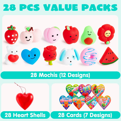 28 Hearts Filled Mochi Squishy Toys with Kids Valentine's Cards for Classroom Exchange