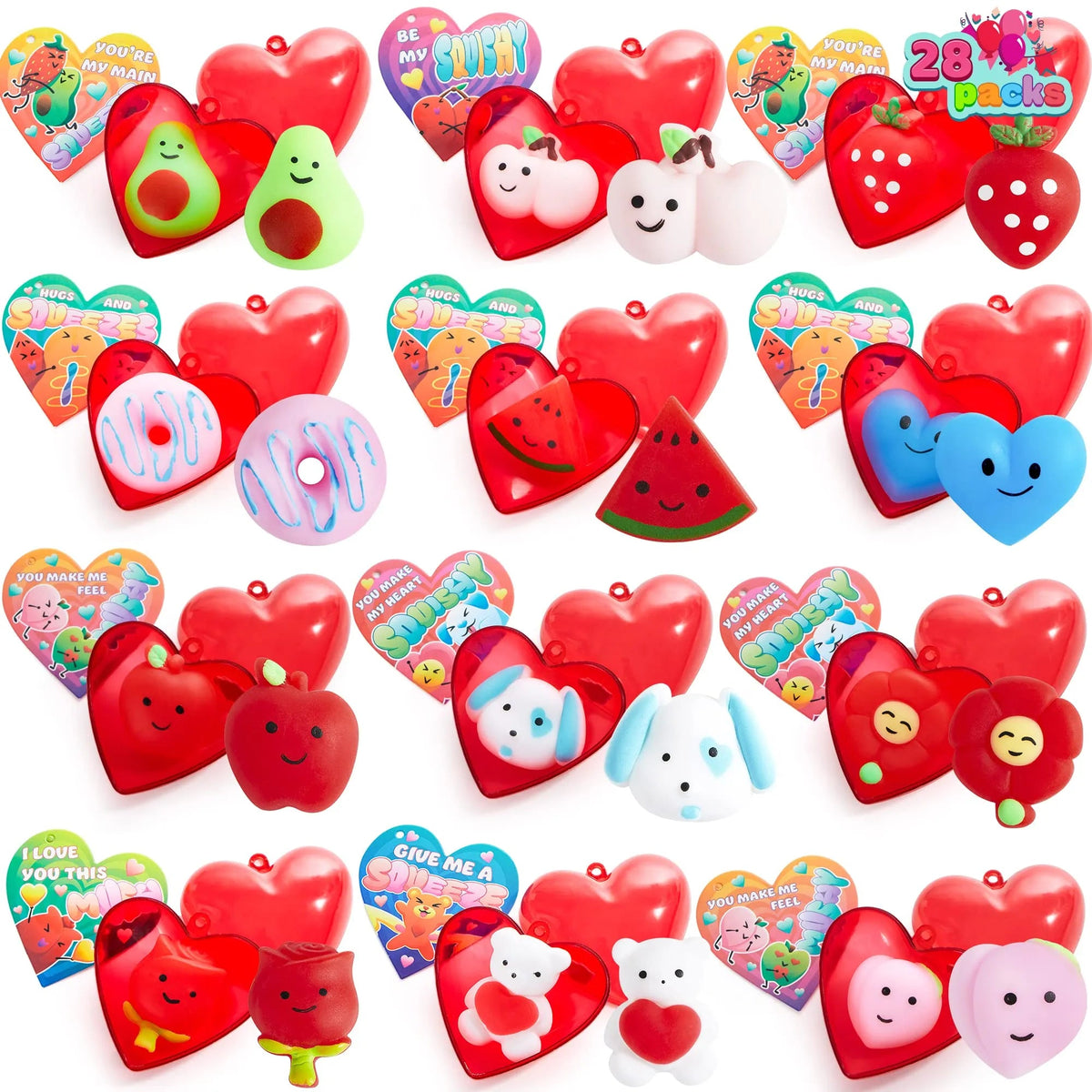 28 Hearts Filled Mochi Squishy Toys with Kids Valentine's Cards for Classroom Exchange