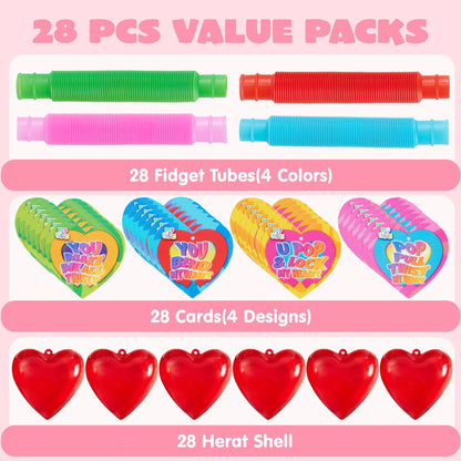 28-Pack Push Bubble Tubes with Heart Shells and Valentine's Day Cards for Kids Classroom Exchange Gifts