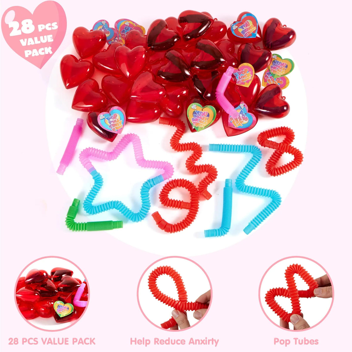 28-Pack Push Bubble Tubes with Heart Shells and Valentine's Day Cards for Kids Classroom Exchange Gifts