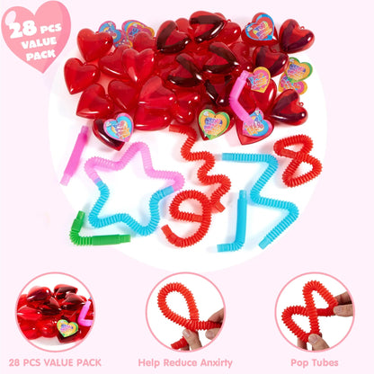 28-Pack Push Bubble Tubes with Heart Shells and Valentine's Day Cards for Kids Classroom Exchange Gifts