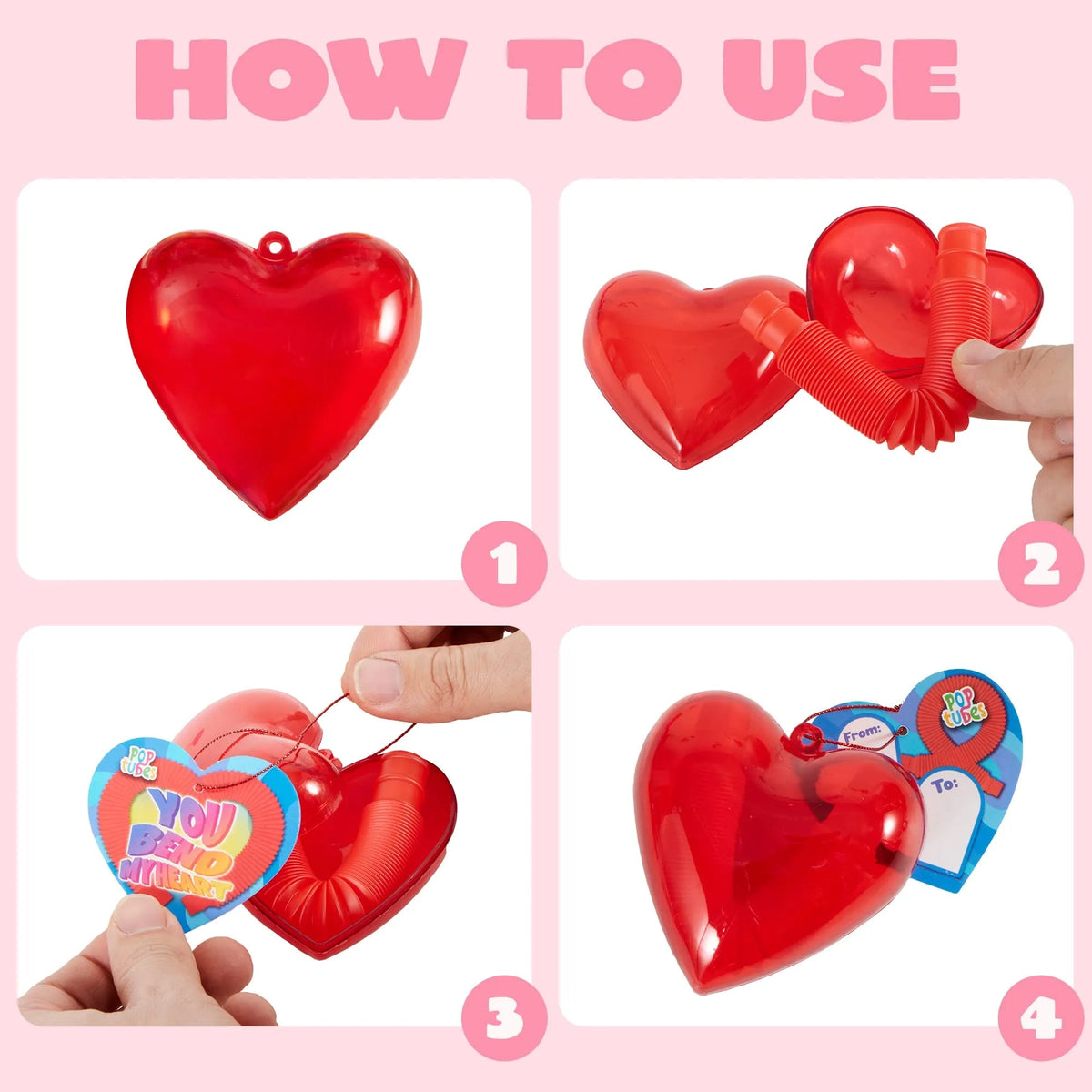 28-Pack Push Bubble Tubes with Heart Shells and Valentine's Day Cards for Kids Classroom Exchange Gifts