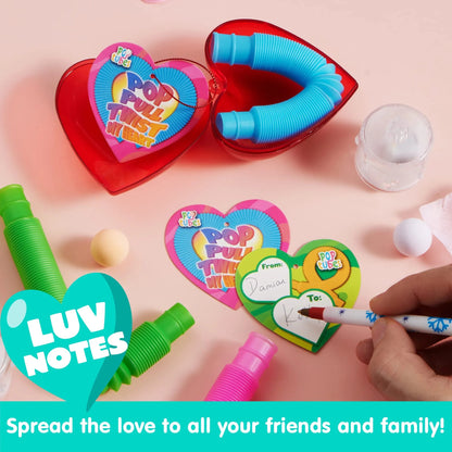28-Pack Push Bubble Tubes with Heart Shells and Valentine's Day Cards for Kids Classroom Exchange Gifts