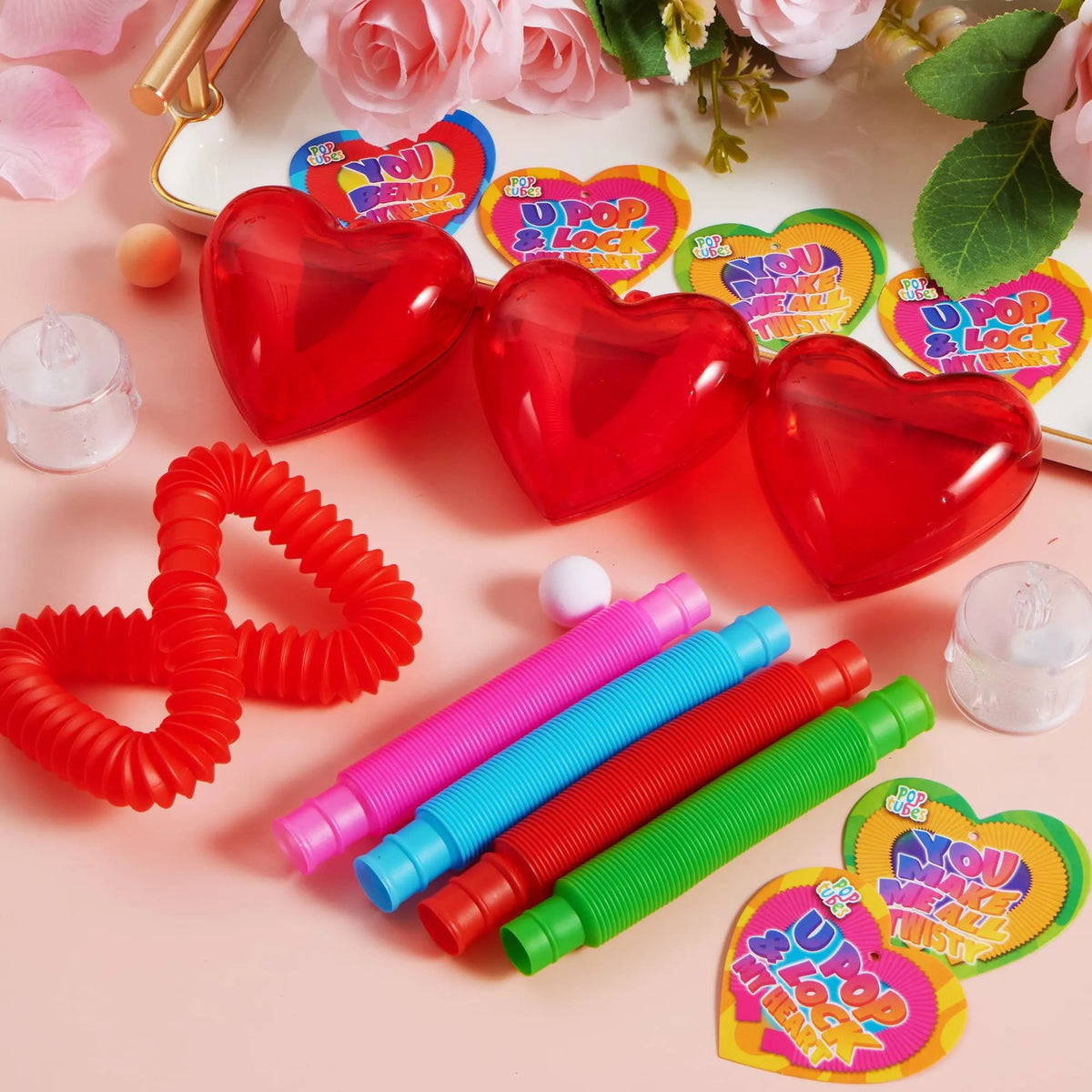 28-Pack Push Bubble Tubes with Heart Shells and Valentine's Day Cards for Kids Classroom Exchange Gifts