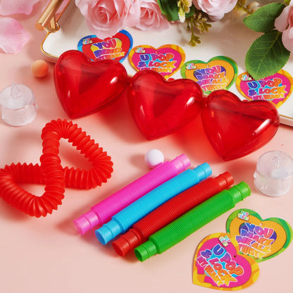 28-Pack Push Bubble Tubes with Heart Shells and Valentine's Day Cards for Kids Classroom Exchange Gifts