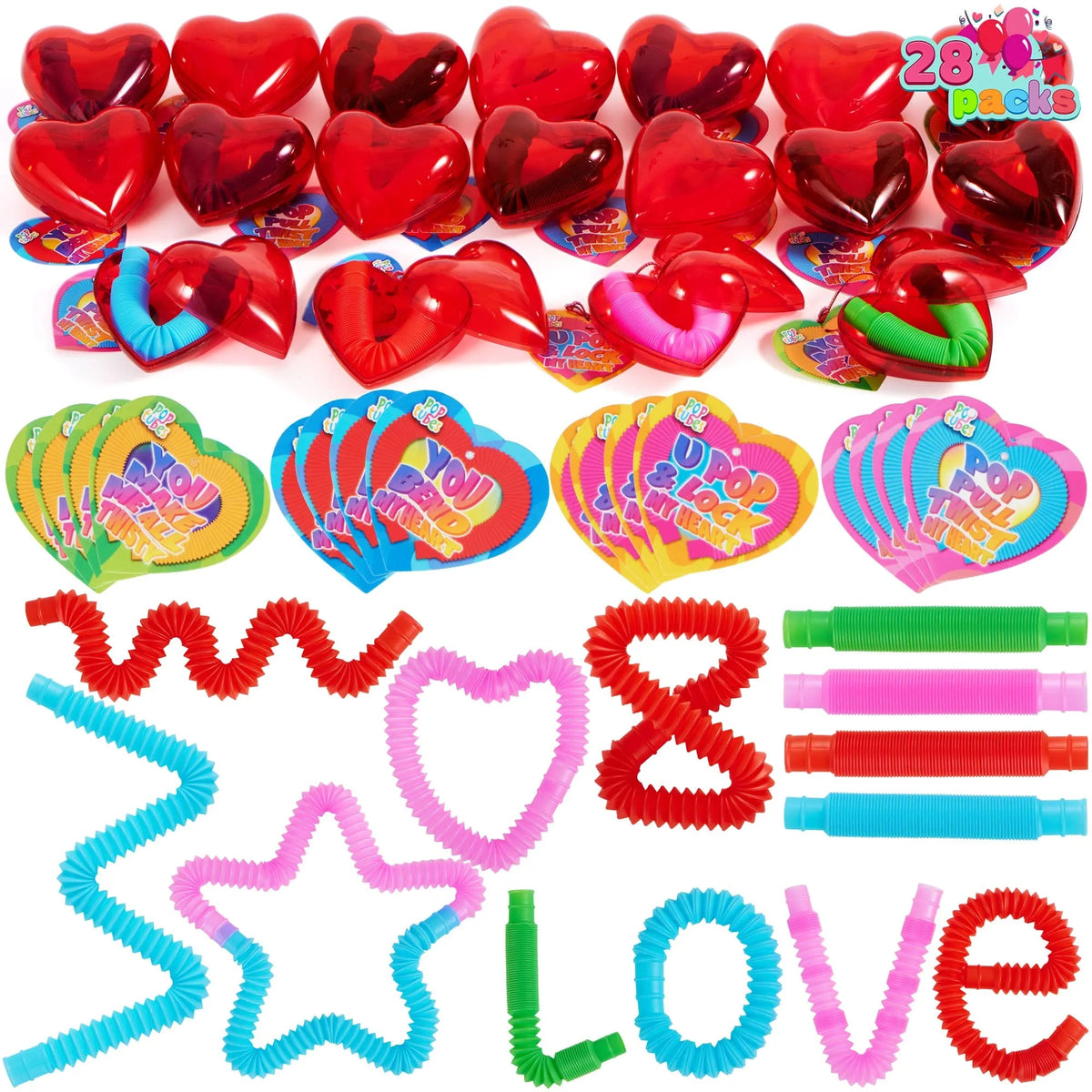 28-Pack Push Bubble Tubes with Heart Shells and Valentine's Day Cards for Kids Classroom Exchange Gifts