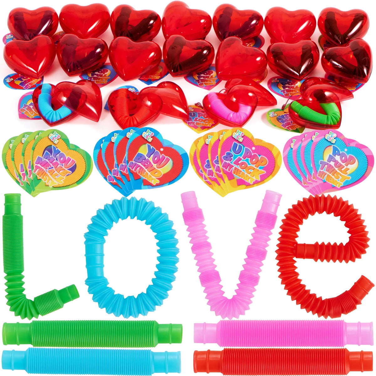 28-Pack Push Bubble Tubes with Heart Shells and Valentine's Day Cards for Kids Classroom Exchange Gifts