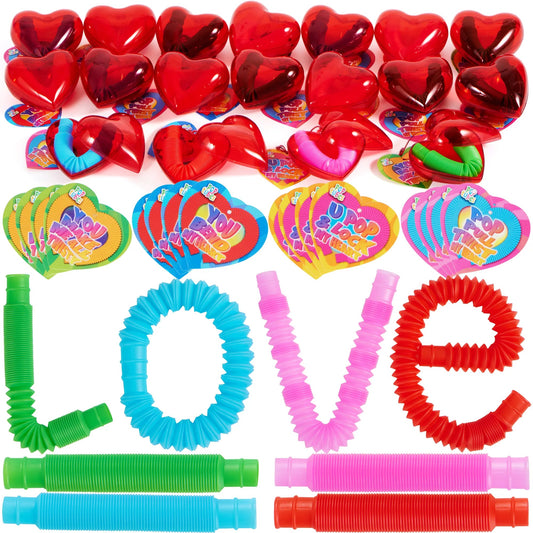 28-Pack Push Bubble Tubes with Heart Shells and Valentine's Day Cards for Kids Classroom Exchange Gifts