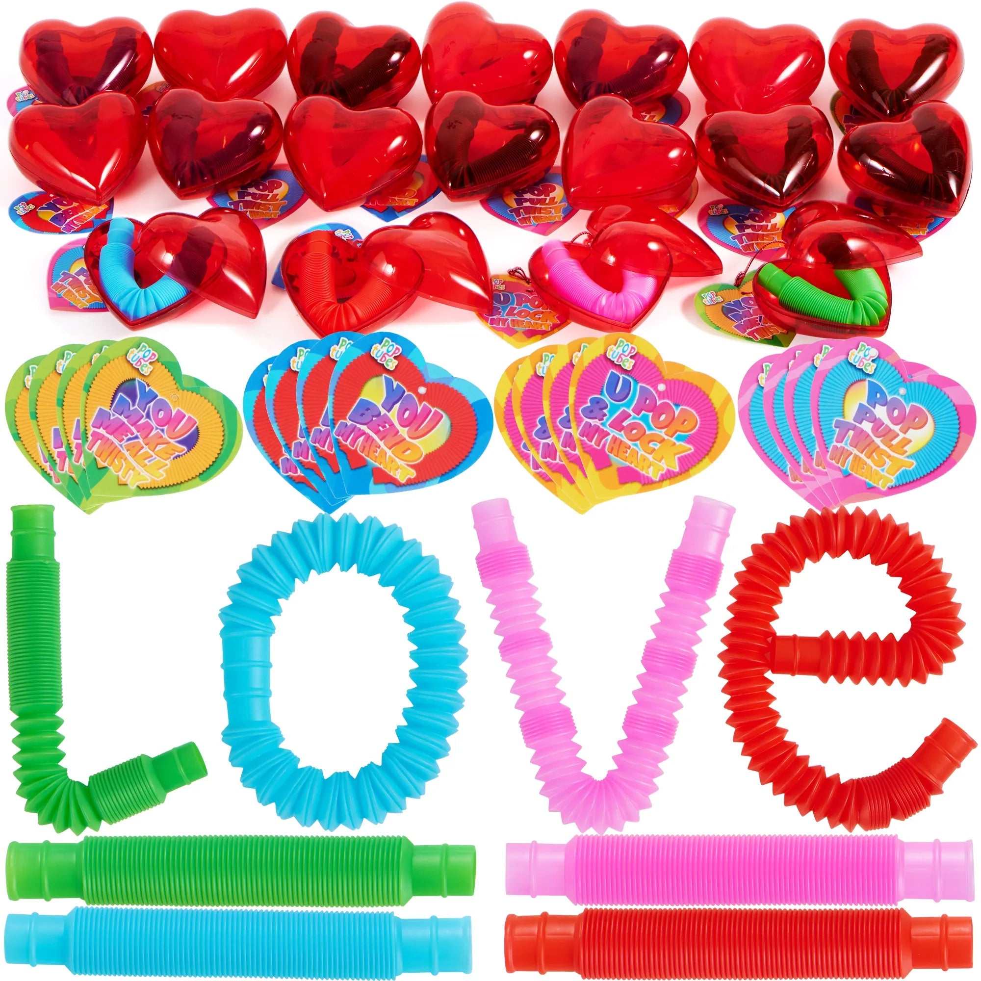 28-Pack Push Bubble Tubes with Heart Shells and Valentine's Day Cards for Kids Classroom Exchange Gifts