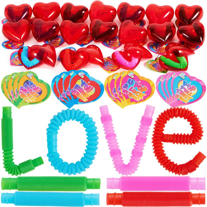 28-Pack Push Bubble Tubes with Heart Shells and Valentine's Day Cards for Kids Classroom Exchange Gifts