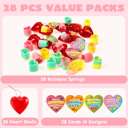 28 Rainbow Spring Hearts with Valentine's Day Cards for Kids Classroom Exchange Gifts
