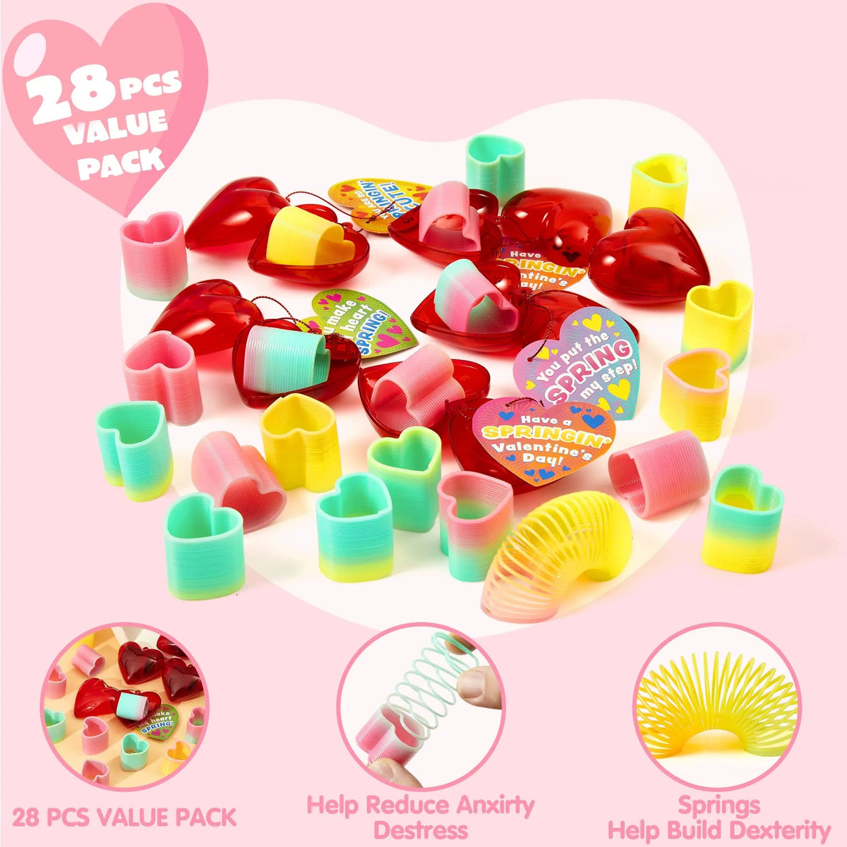 28 Rainbow Spring Hearts with Valentine's Day Cards for Kids Classroom Exchange Gifts