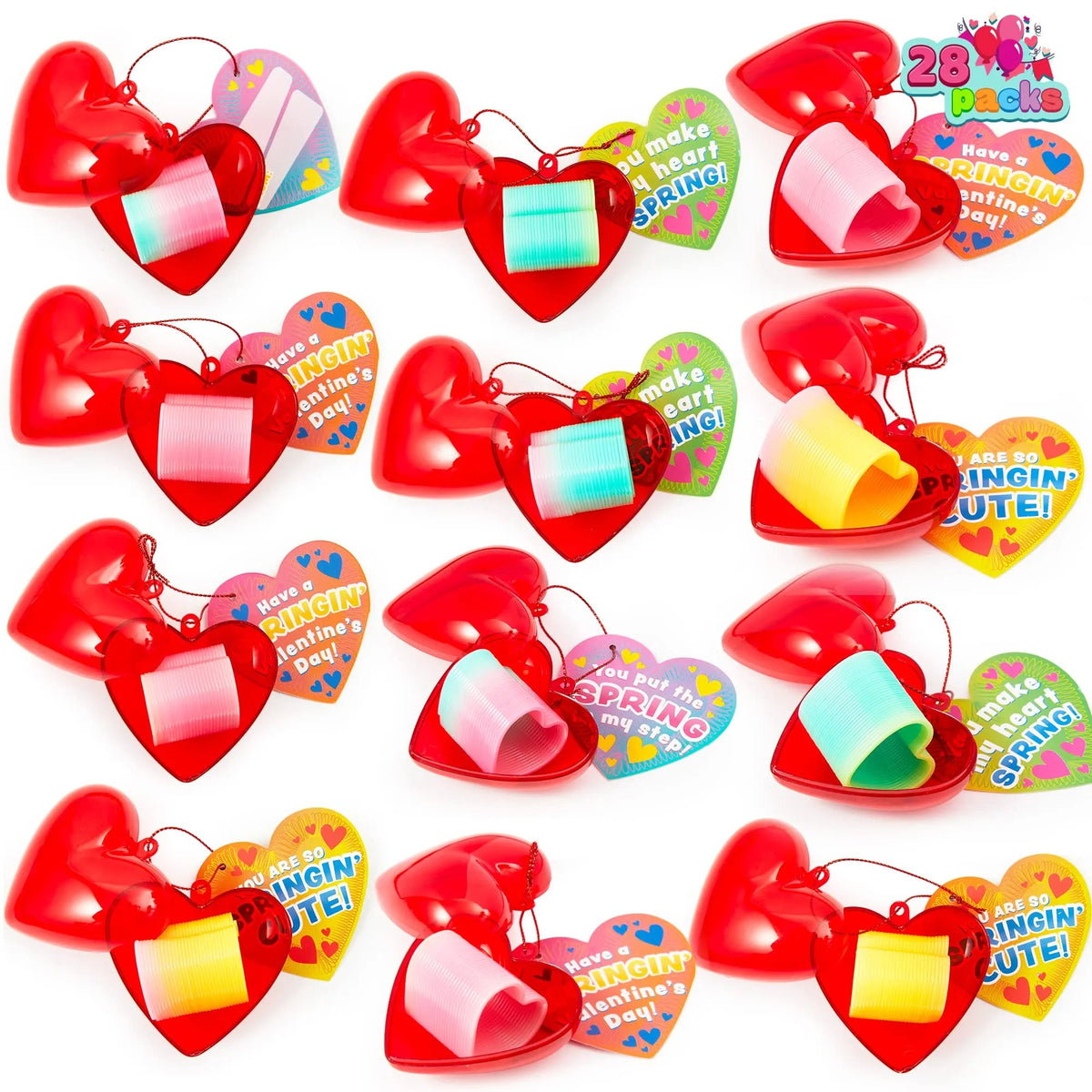 28 Rainbow Spring Hearts with Valentine's Day Cards for Kids Classroom Exchange Gifts