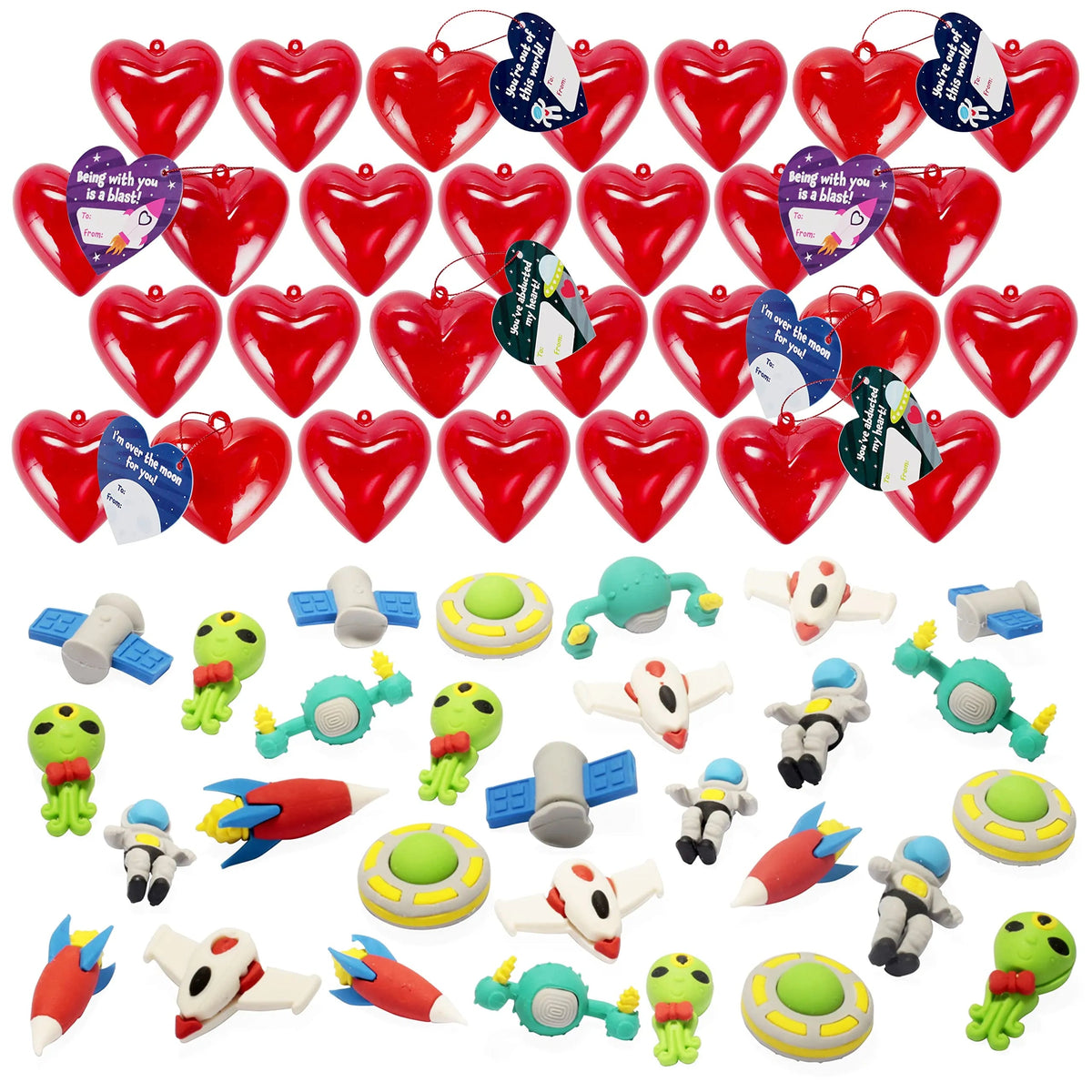 28-Piece Space Eraser Set with Valentine's Day Cards for Kids Classroom Exchange Gifts