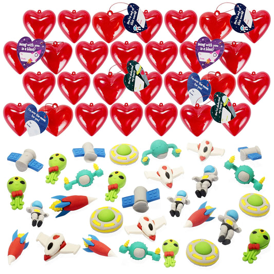 28-Piece Space Eraser Set with Valentine's Day Cards for Kids Classroom Exchange Gifts