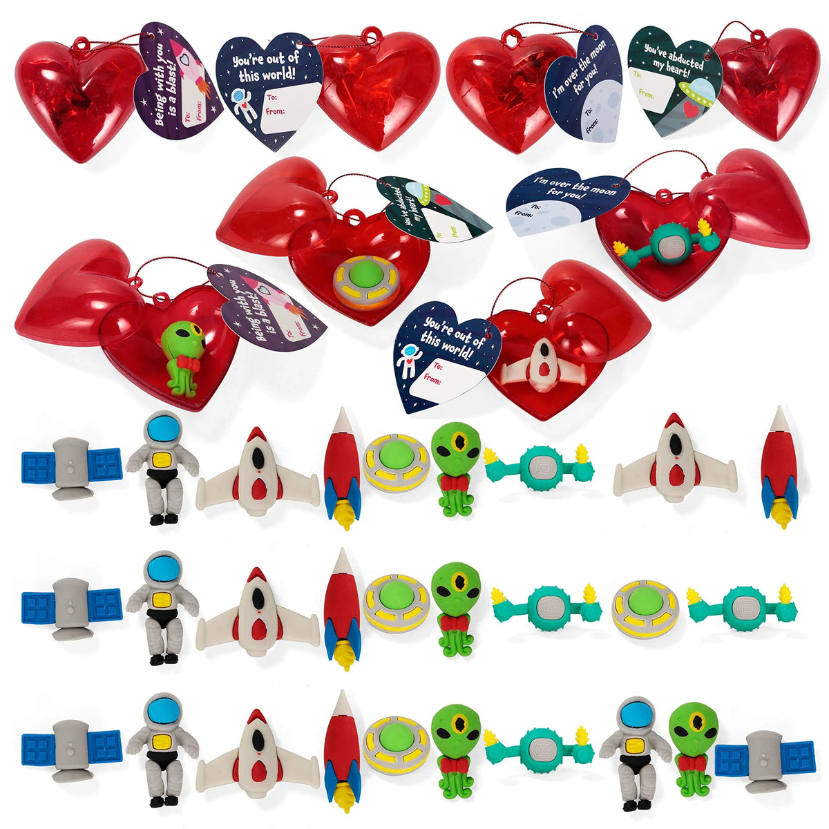 28-Piece Space Eraser Set with Valentine's Day Cards for Kids Classroom Exchange Gifts