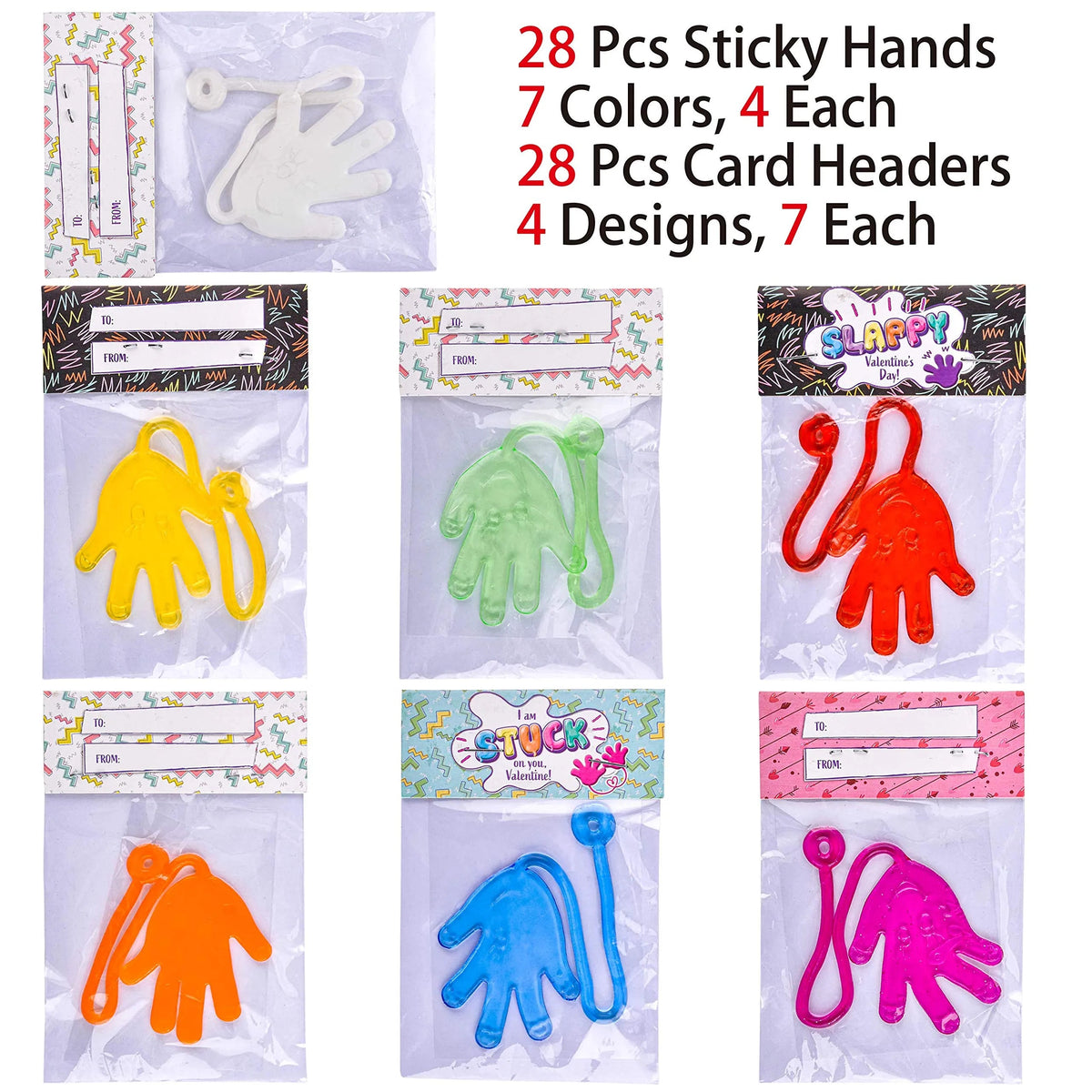 28 Pcs Sticky Hands with Valentine's Day Cards for Kids - Classroom Exchange Gifts