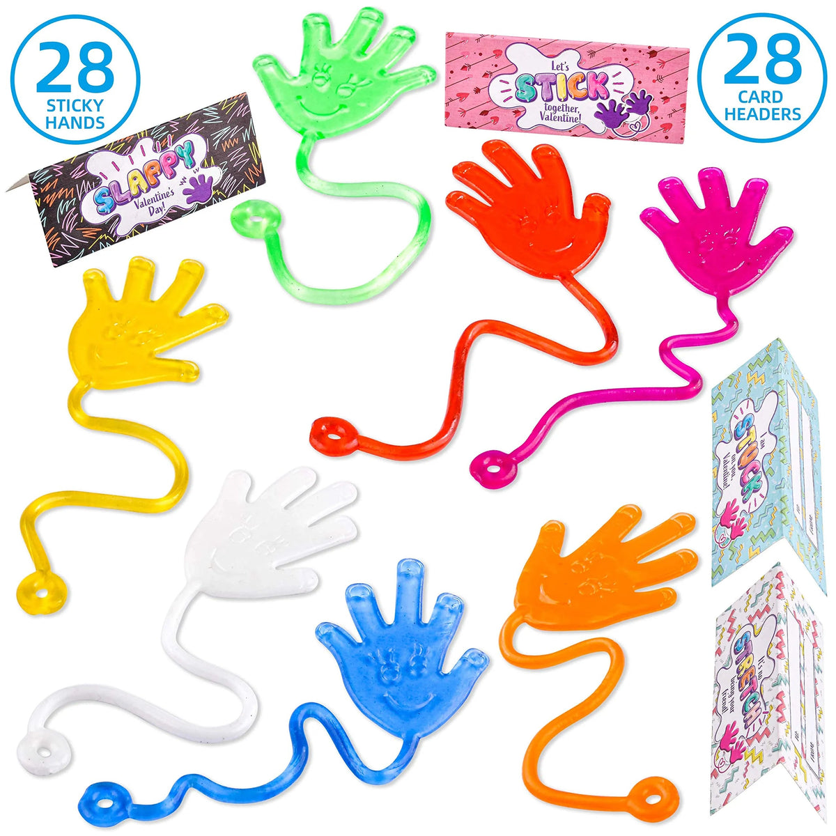 28 Pcs Sticky Hands with Valentine's Day Cards for Kids - Classroom Exchange Gifts