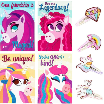 28 Unicorn Hairpins with Valentine's Day Cards for Kids Classroom Exchange Gifts