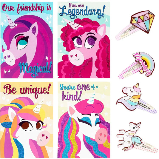 28 Unicorn Hairpins with Valentine's Day Cards for Kids Classroom Exchange Gifts