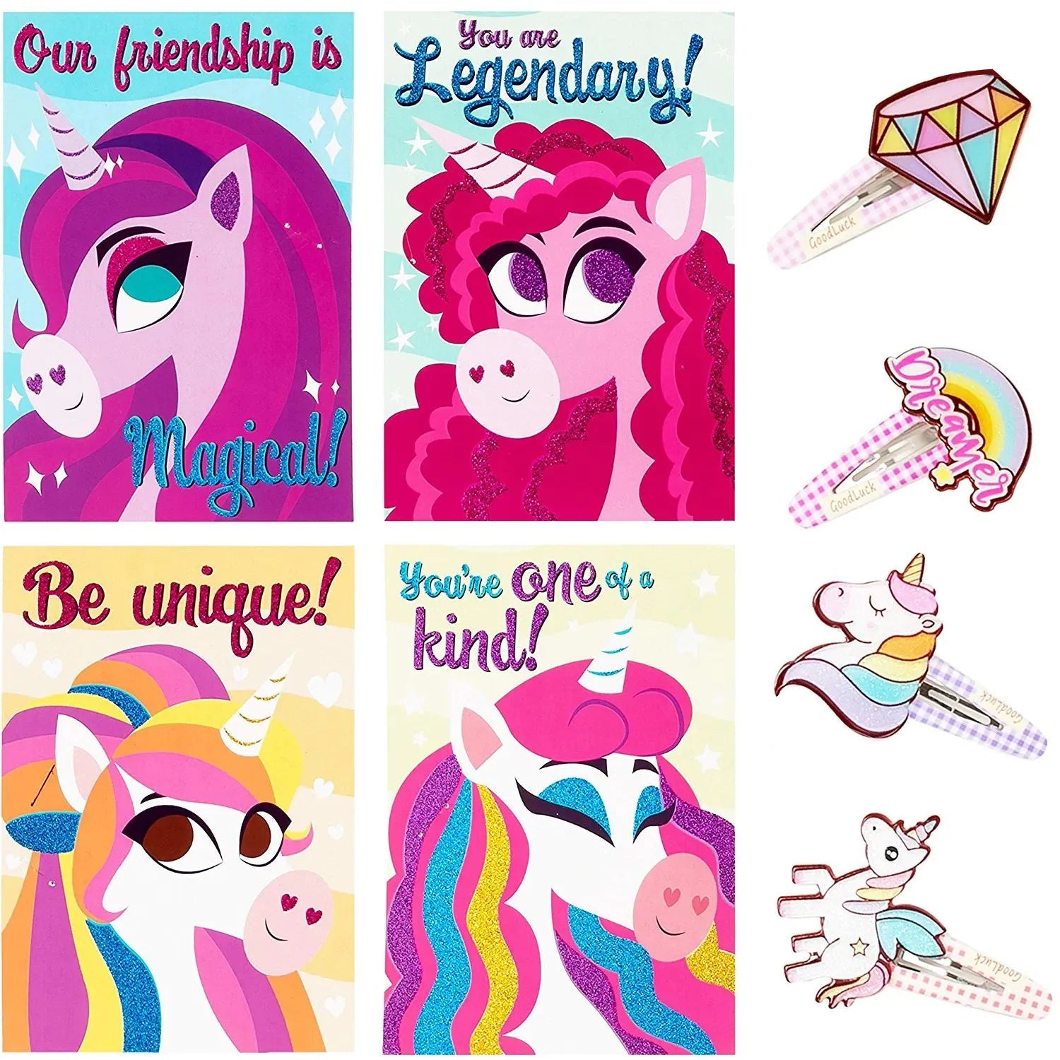 28 Unicorn Hairpins with Valentine's Day Cards for Kids Classroom Exchange Gifts