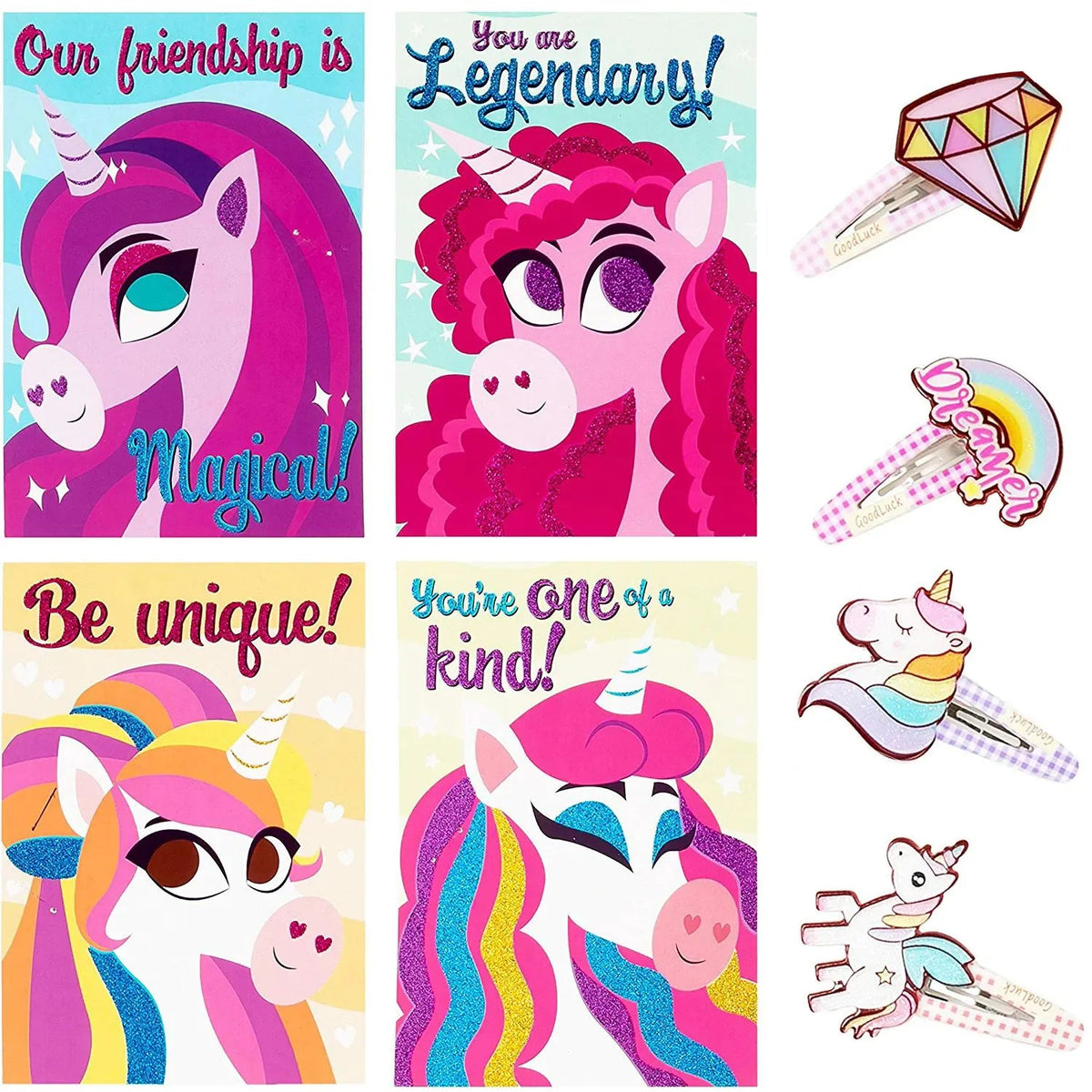 28 Unicorn Hairpins with Valentine's Day Cards for Kids Classroom Exchange Gifts