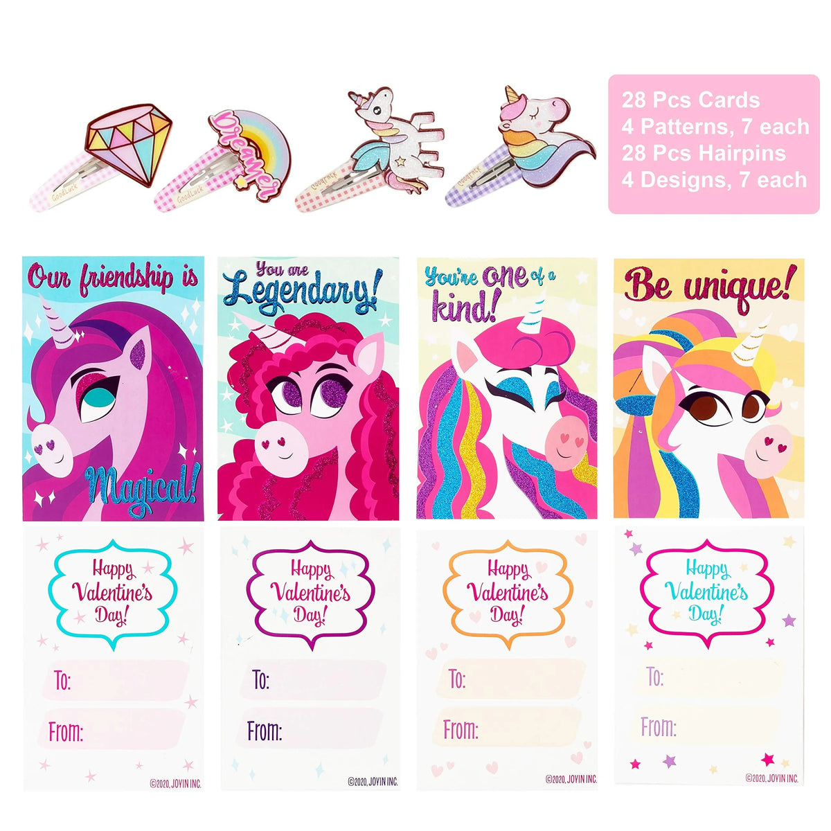 28 Unicorn Hairpins with Valentine's Day Cards for Kids Classroom Exchange Gifts
