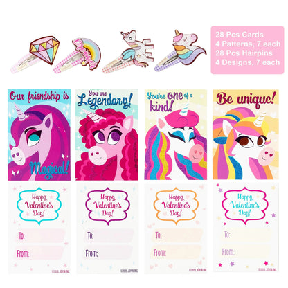 28 Unicorn Hairpins with Valentine's Day Cards for Kids Classroom Exchange Gifts