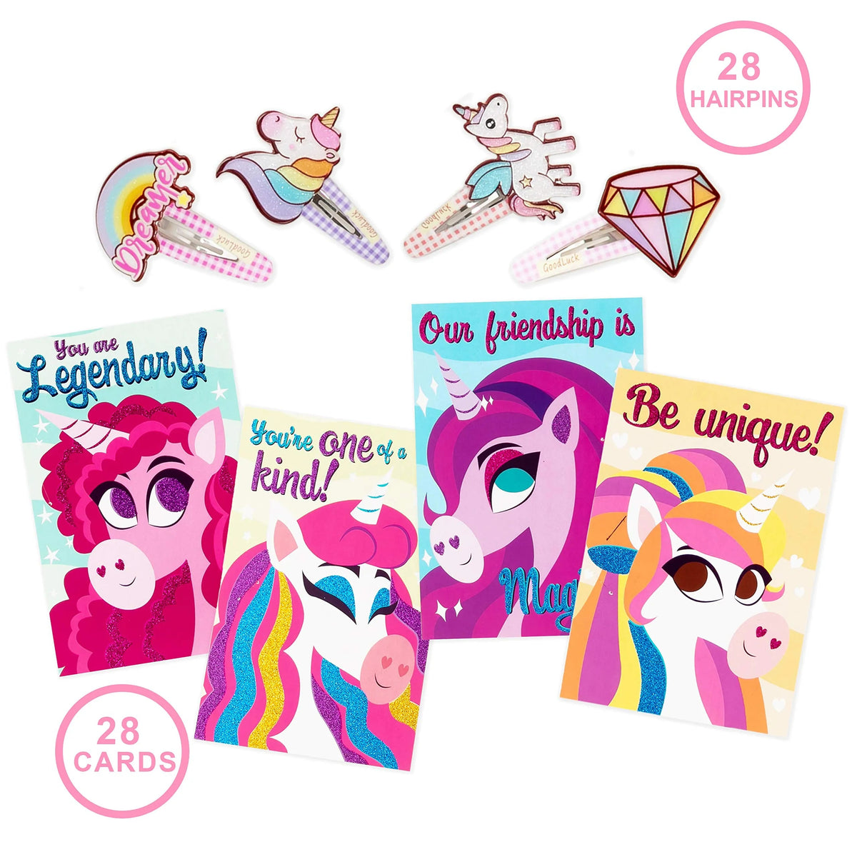 28 Unicorn Hairpins with Valentine's Day Cards for Kids Classroom Exchange Gifts
