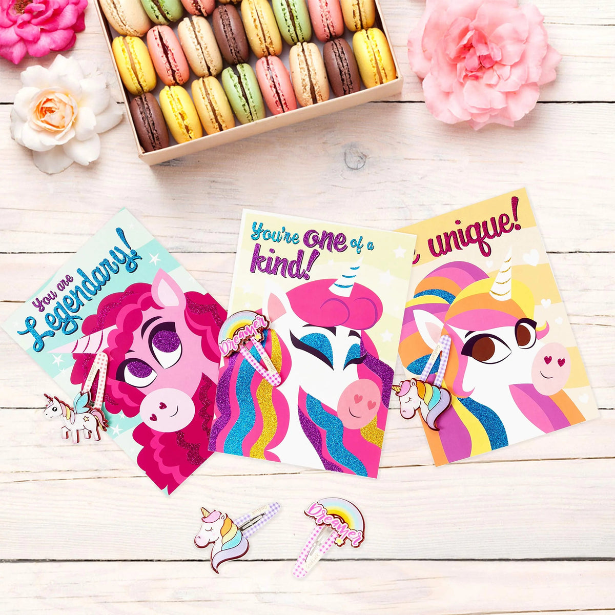 28 Unicorn Hairpins with Valentine's Day Cards for Kids Classroom Exchange Gifts