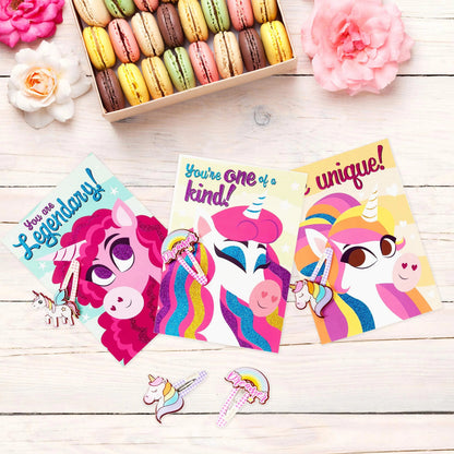 28 Unicorn Hairpins with Valentine's Day Cards for Kids Classroom Exchange Gifts
